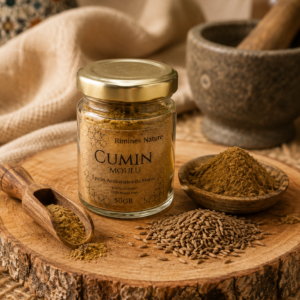 Cumin moulu du Maroc en pot en verre de 50 g. Épice chaude et parfumée, idéale pour tajines, couscous et plats de la cuisine marocaine.